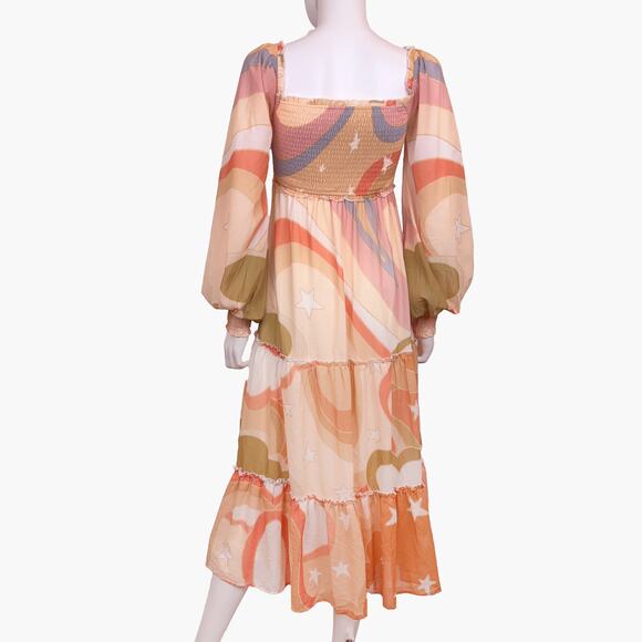 NWOT AURA Retro Starburst Long-Sleeve Tiered Midi Dress (Orange/Peach | Size XS) - Picture 4 of 9